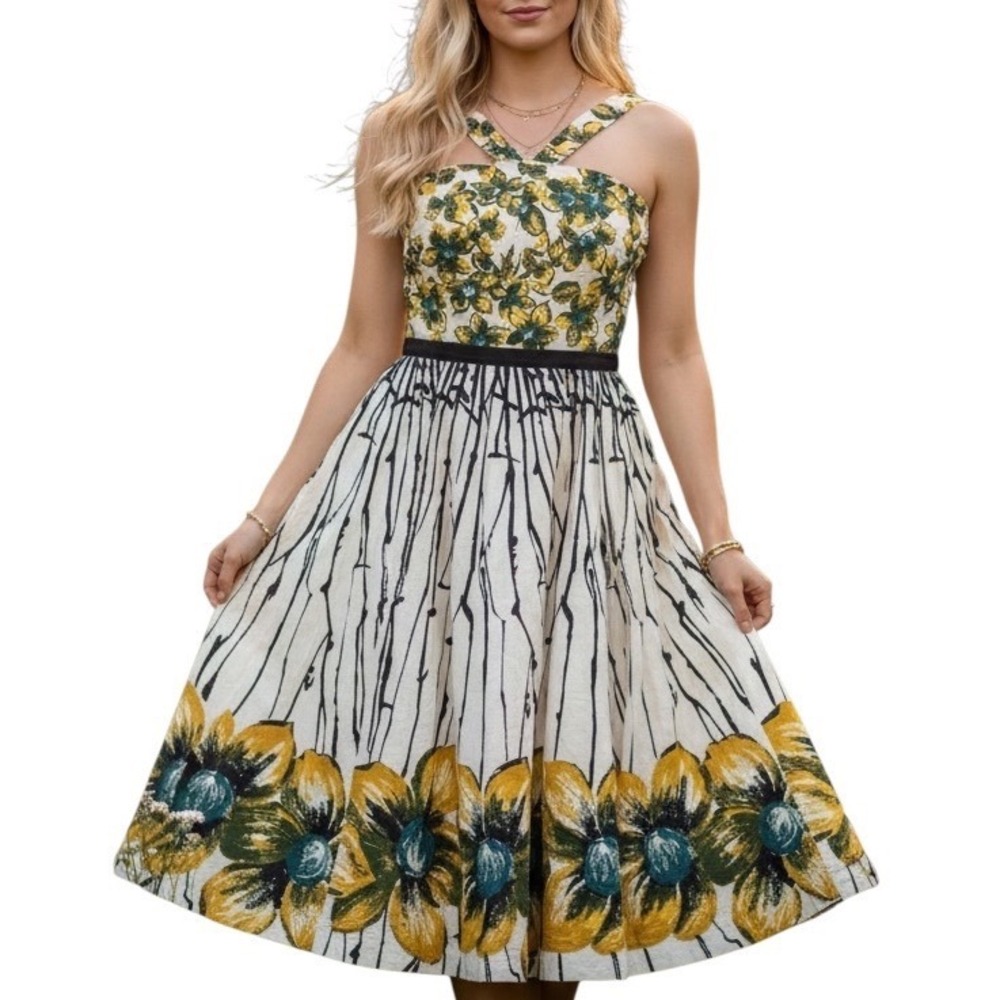 Girls from Savoy Floral Dress Size 12 Cotton Fit & Flare Yellow Green‎
